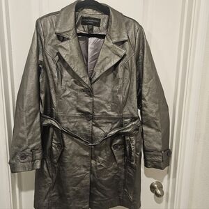 Centigrade Metallic Silver/Pewter 100% Leather Trench Coat  Size L